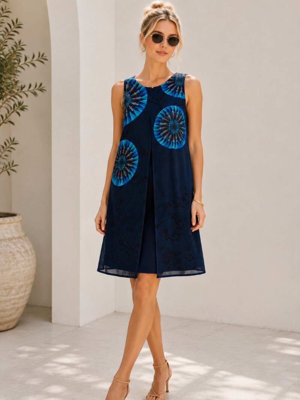 Desigual Mandala Print Chiffon Dress Sleeveless Boho Midi Layered Festival Dress